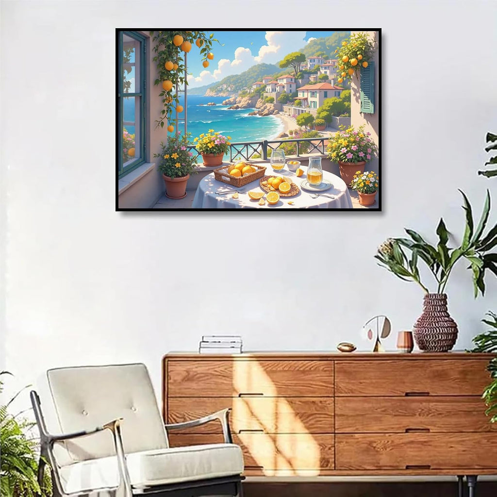 Italian Amalfi Coast Lemon Tree Garden Mediterranean Wall Art Travel Poster | Metal Framed canvas, for resort suites, mediterranean style, guest suite decor, mediterranean vacation vibe