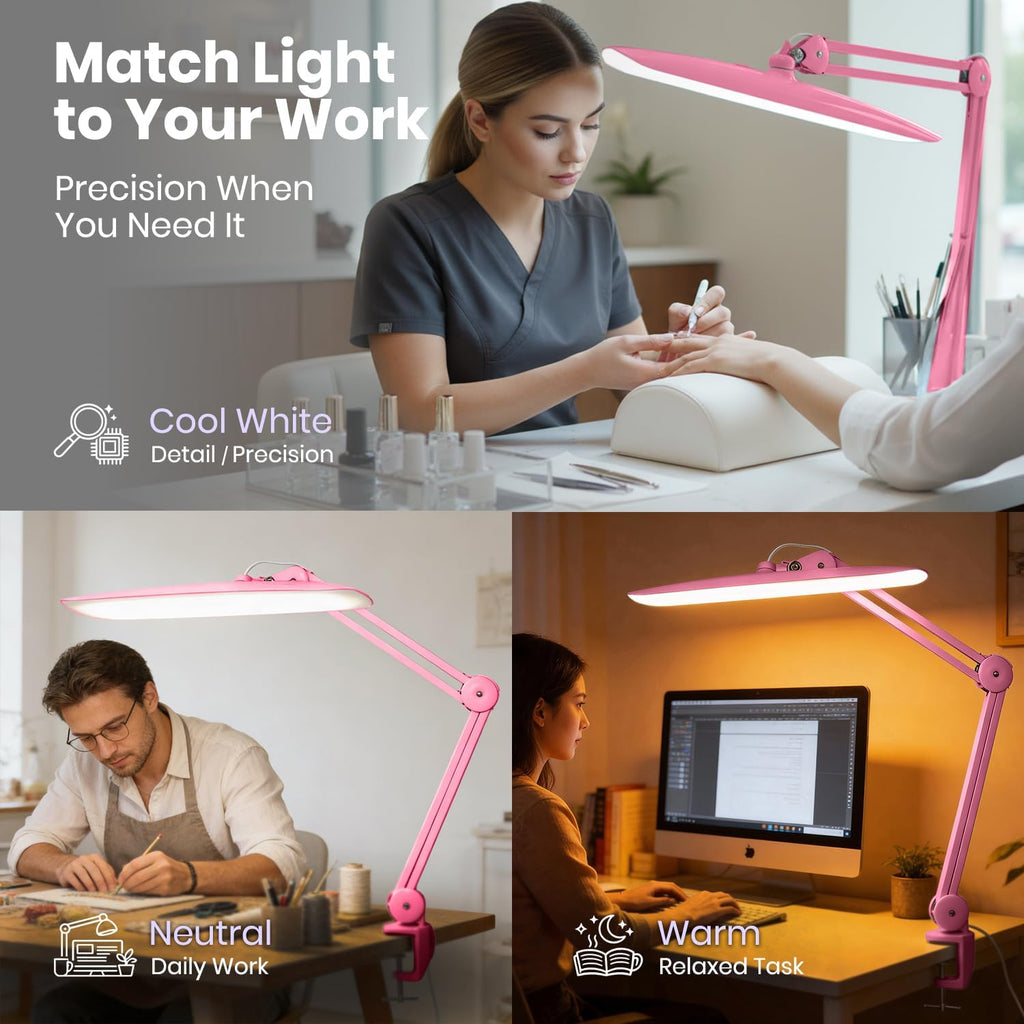 Neatfi XL 2200 Lumens 20W LED Desk Lamp with Clamp – Adjustable Color Temperature | 4-Level Dimmable Light | Home Office, Crafts & Workbench | 20-Inch Wide Head (Pink, CCT with Clamp)