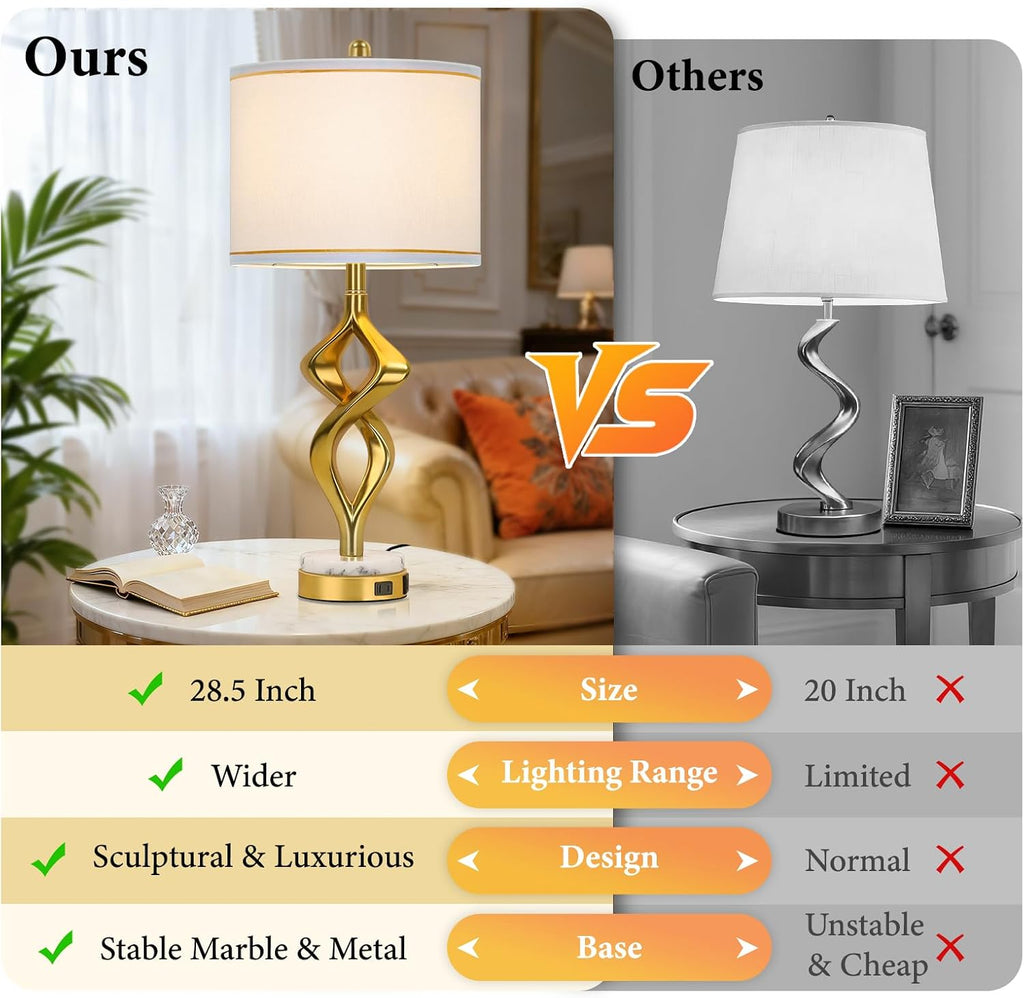 28.5' Modern Sculptural Living Room Table Lamps Set of 2 with USB A+C & AC Outlet, Gold Bedside Table Lamps with White Marble Base & Linen Shade, Nightstand Lamps for Bedroom Study Office Hotel Bar