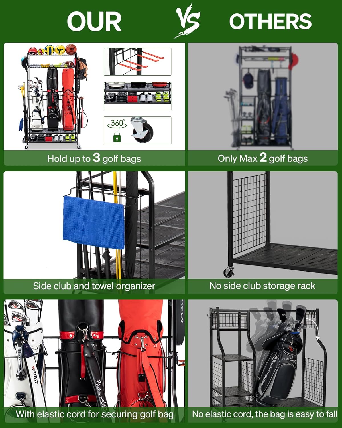 FHXZH Golf Bags Storage Garage Organizer - Stand for Single Golf Bags, Clubs, and Equipment Accessories with Wheels