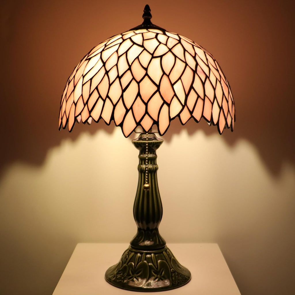 Tiffany Lamp Stained Glass Table Lamps Pink Leaf Style Desk Lamp12X12X18.5 Inch Bronze Ceramic Base Reading Light Suitable for Bedside Bedroom Living Room Dining Room Office