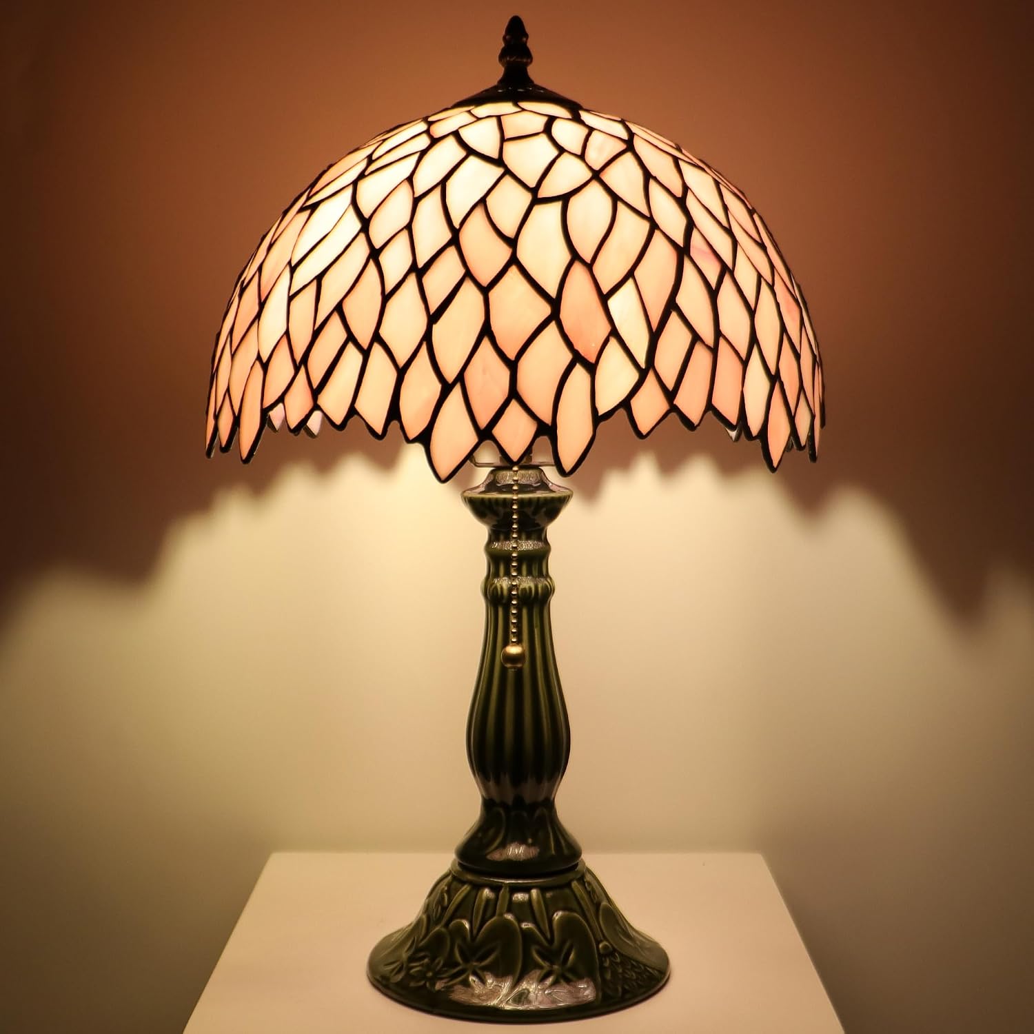 Tiffany Lamp Stained Glass Table Lamps Pink Leaf Style Desk Lamp12X12X18.5 Inch Bronze Ceramic Base Reading Light Suitable for Bedside Bedroom Living Room Dining Room Office