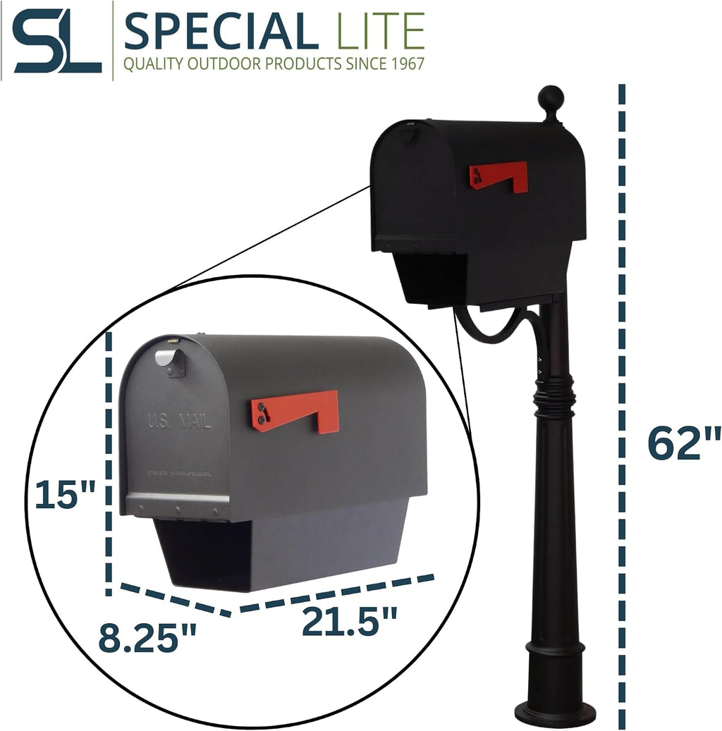 Special Lite Titan Steel Curbside Mailbox with Paper Tube with Ashland Post - Black Aluminum Mailbox with Post - SCH2016S-SPK600-BLK