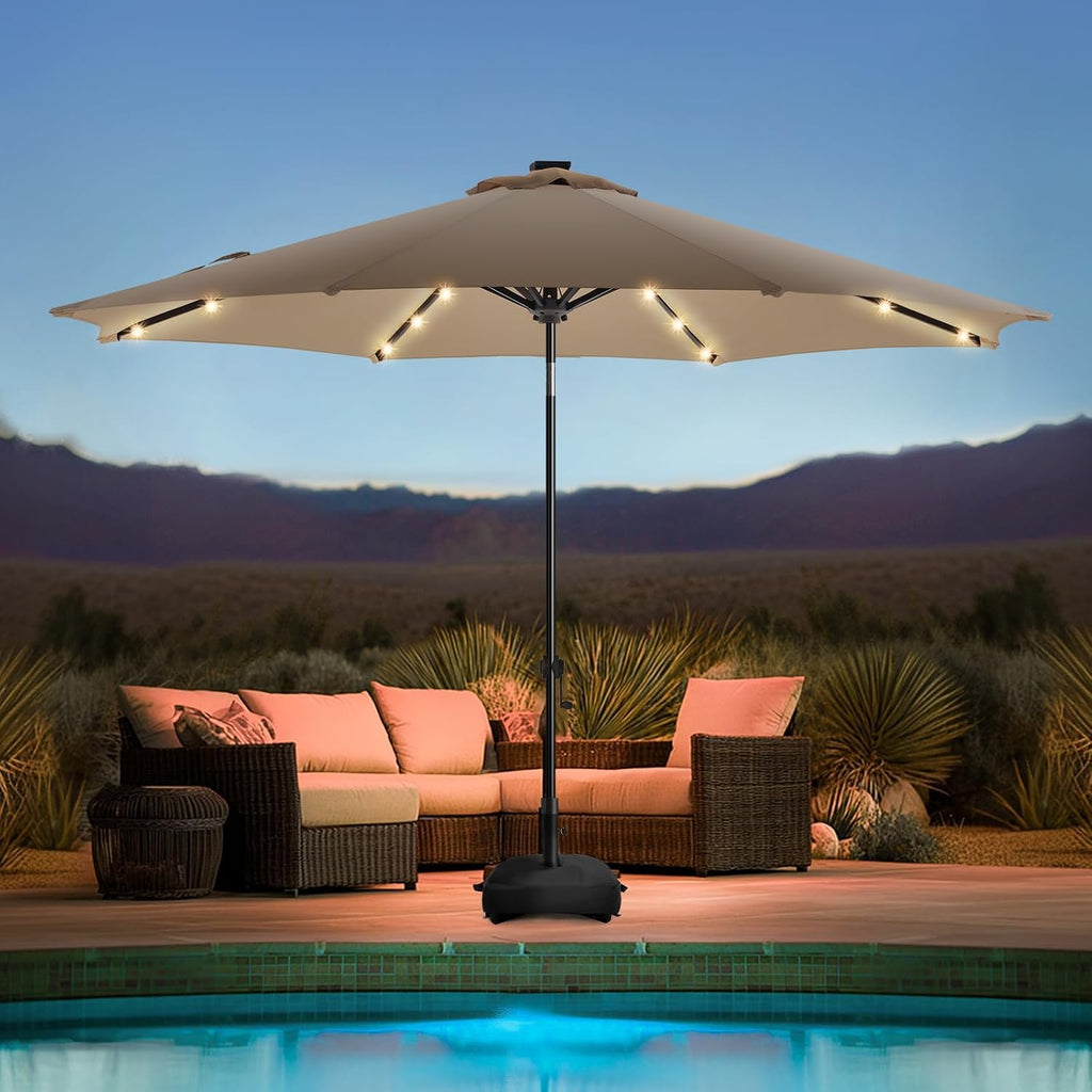 wikiwiki 11FT Solar Led Patio Umbrella with Base Included, 32 LED Lights, 8 Sturdy Ribs, Fade Resistant Waterproof POLYESTER DTY Canopy for Garden, Lawn, Deck, Backyard & Pool, Tan