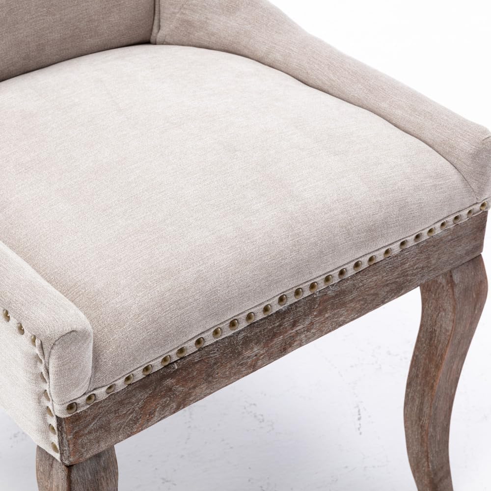 Dining Chairs Set of 2, Thickened Fabric Upholstered Chair with Neutral Solid Wood Legs & Bronze Nailhead Trim, Comfortable Accent Chairs for Dining Room/Kitchen/Living Space(Beige + Fabric)