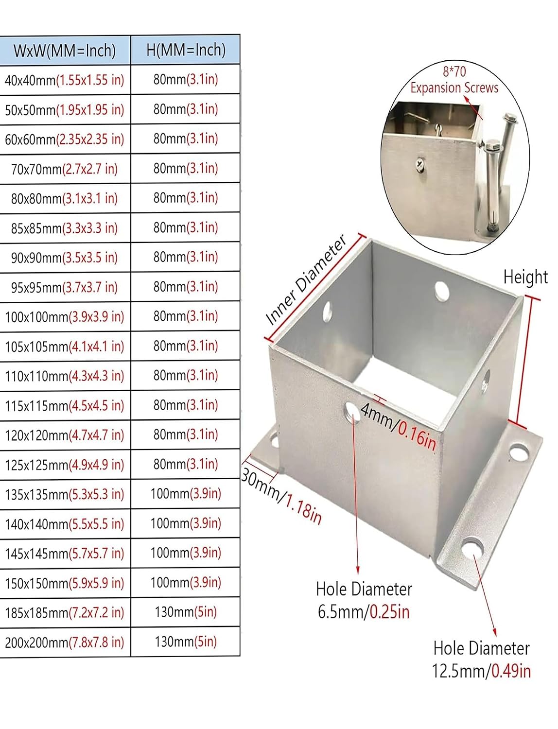 Square Column Base,Pergola Brackets Kit,Adjustable Post Base for Deck Railing,Wooden Fence,Handrails,Porch, Mailbox,Concrete Floor Mounting,Height 8cm(12x12x8cm/4.7x4.7x3.1in)