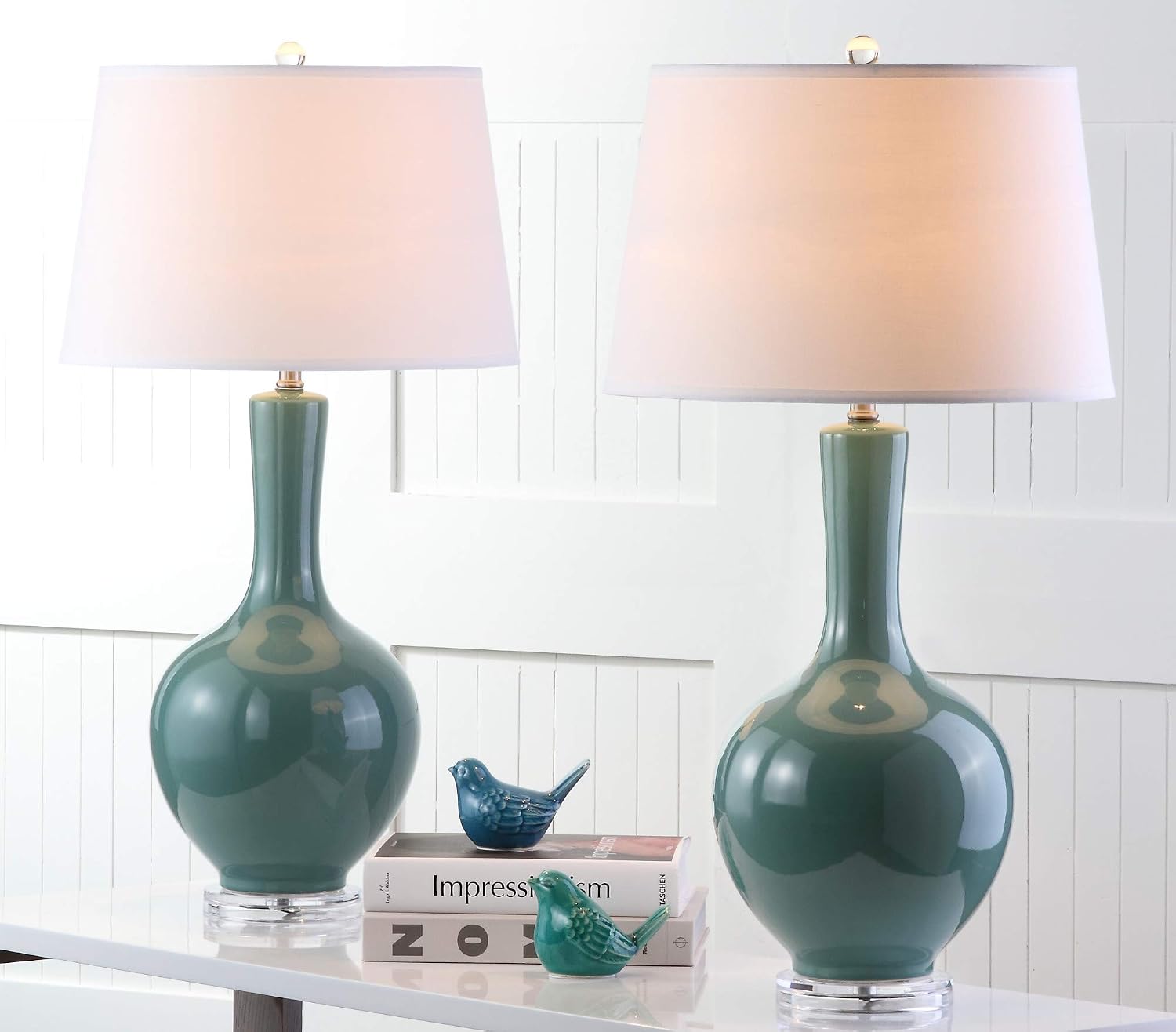 Safavieh Lighting Collection Blanche Gourd Teal and White Table Lamp, Set of 2