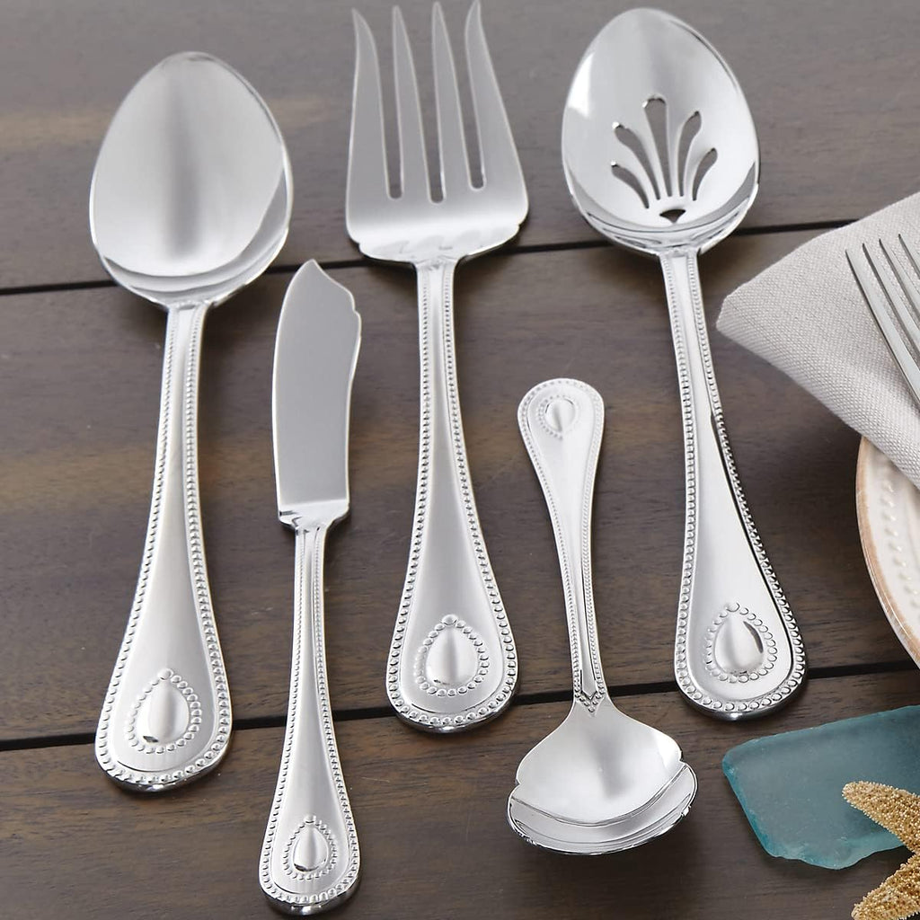 Lenox Silverware Set For 12, French Perle 65-Piece Flatware Set with Serving Utensils, Service For 12, Elegant 18/10 Stainless Steel Utensils with Beading, Knives Spoons & Forks (Silver, 65 Piece)