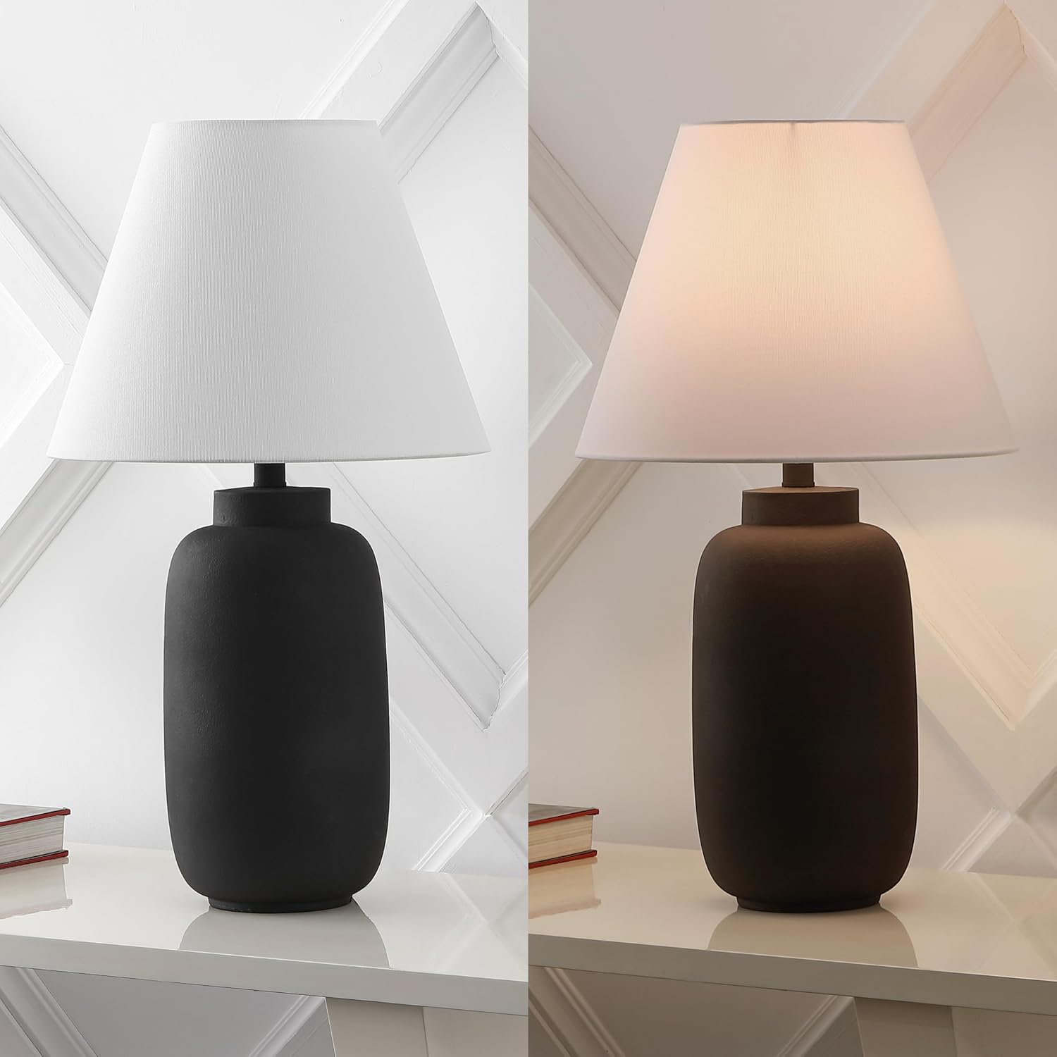 JONATHAN Y 24.5' Matte Black Modern Ginger Jar Table Lamp Set of 2 for Bedroom, Farmhouse Scandinavian Lamps for Nightstand, White Linen Shade, LED Bulbs Included JYL5603A-SET2