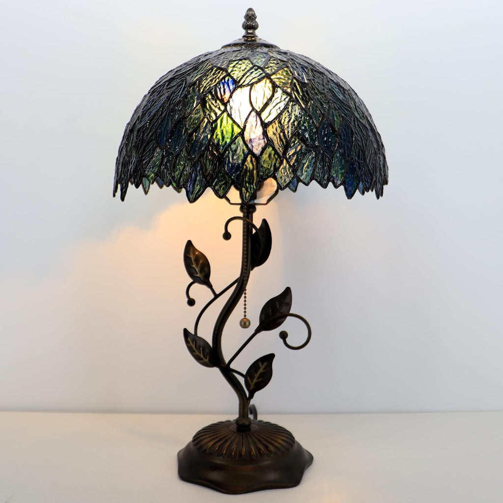 Tiffany Lamp Multicolor Leafage Style Stained Glass Table Lamp Desk Bedside Reading Light 12X12X19 Inches with Metal Leaf Base
