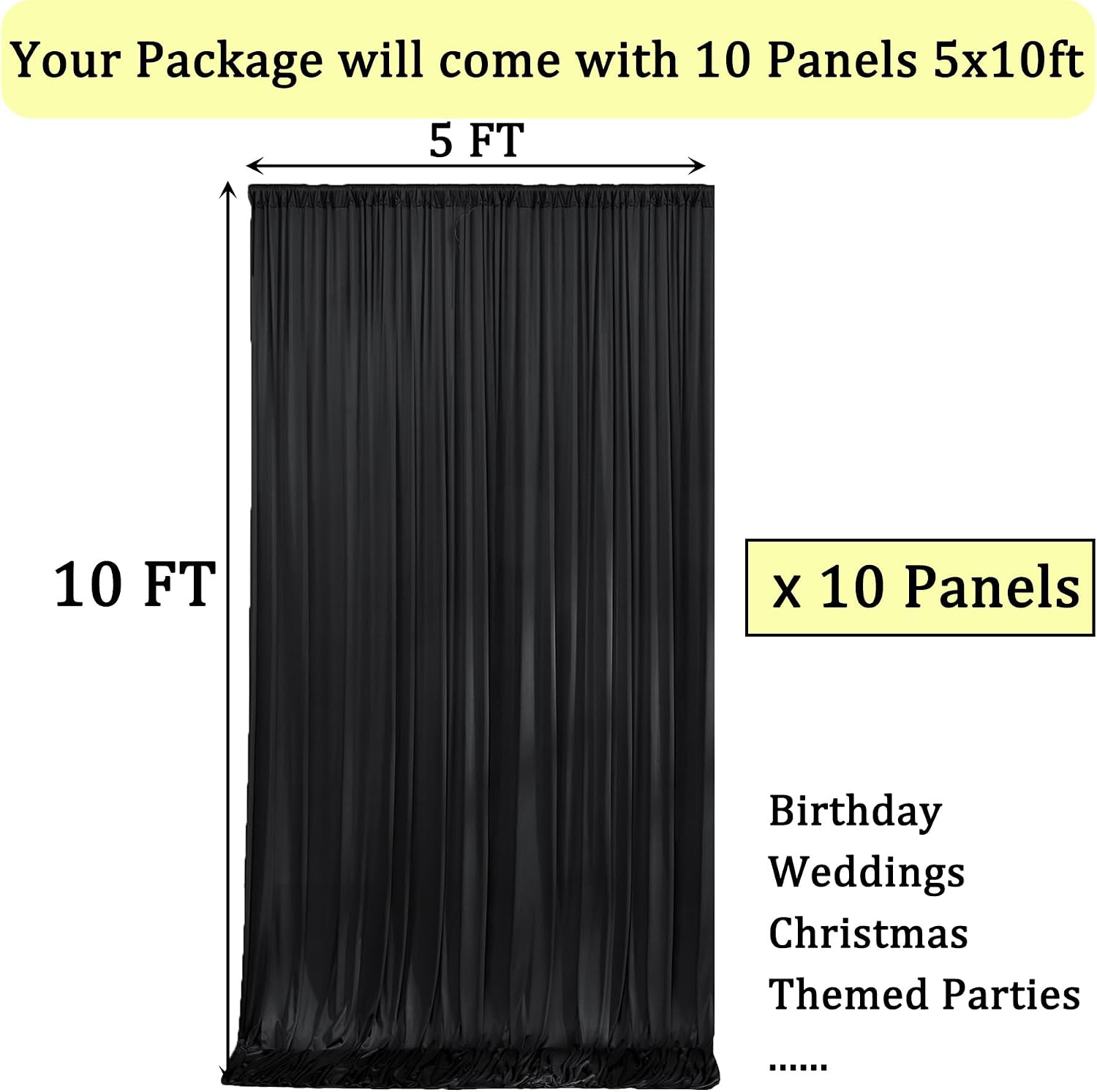 Black Backdrop Curtain for Parties, 10 Panels Wrinkle Free Polyester Photo Backdrop Drapes for Weddings Birthday Anniversary Graduation Stage Photography Background Curtains Bulk, 50 ft x 10 ft