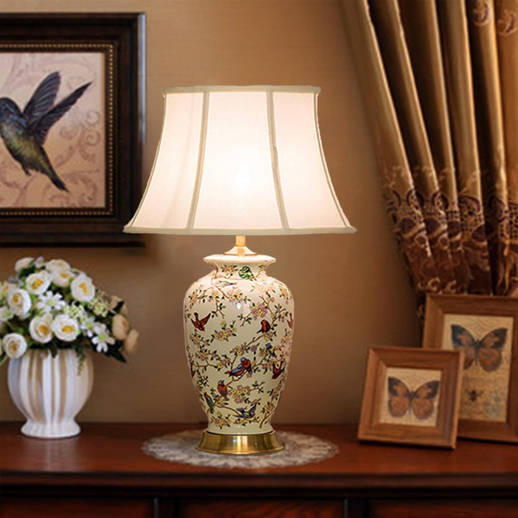 White 27' Flower and Bird Ceramics Table Lamp Chinoiserie Desk Lamp,Fabric Drum Shade,Gold Base, Tall Table Lamp Decor for Living Room Bedroom Bedside Office College Bookcase