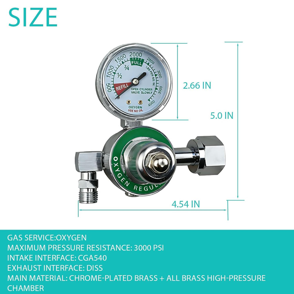 M1-540-P M1 Series Preset Pressure Oxygen Regulator for Oxygen Concentrator, Oxygen Tank Regulator Gauge with CGA540 Nut/Nipple Inlet, 3000 PSI, O2 Oxy Regulator Chrome Brass Body