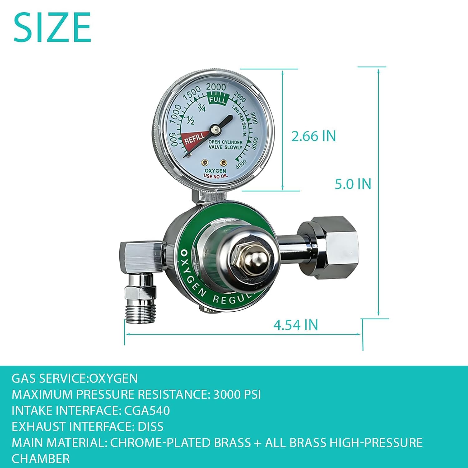 M1-540-P M1 Series Preset Pressure Oxygen Regulator for Oxygen Concentrator, Oxygen Tank Regulator Gauge with CGA540 Nut/Nipple Inlet, 3000 PSI, O2 Oxy Regulator Chrome Brass Body