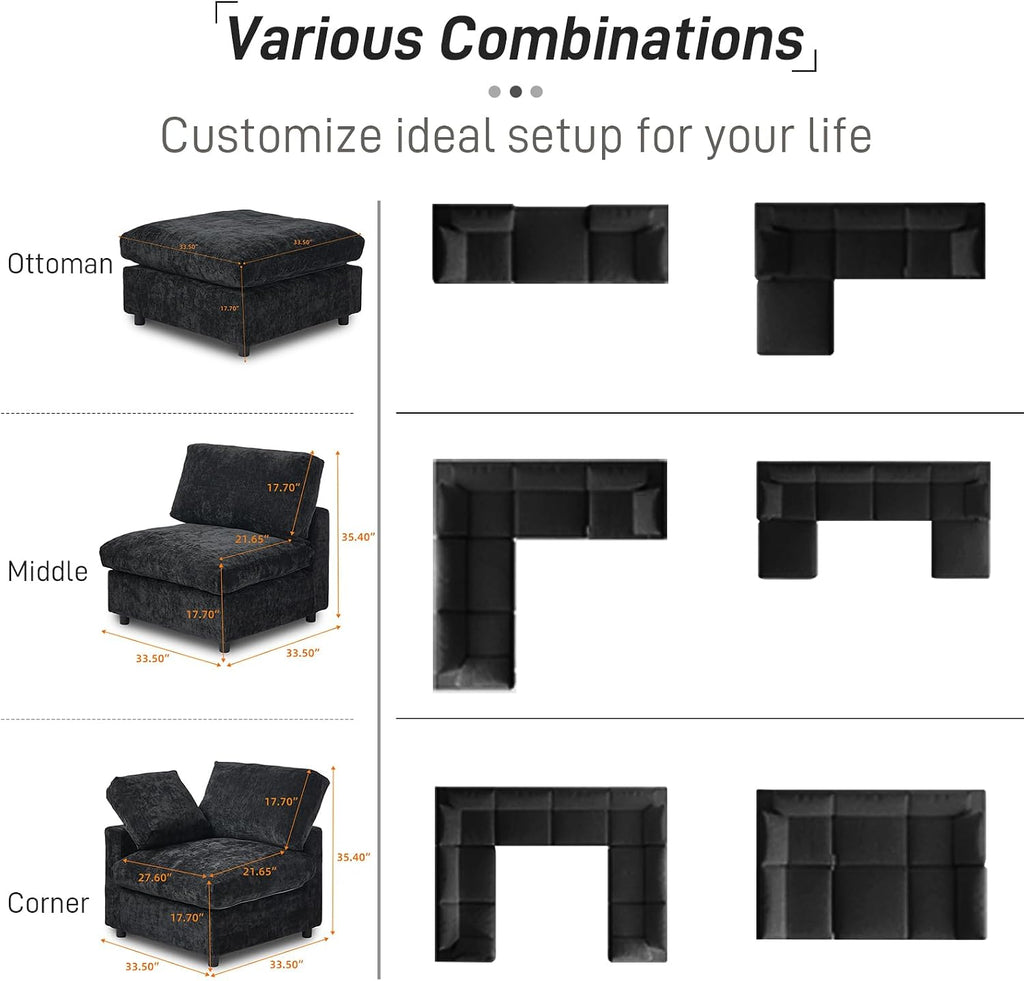 WJShome Cloud Couch Modular Sectional Sofa,67' L Shaped Couch, Convertible Wide Seater, 2 Seater+Ottoman for Living Room Set,Covers Washable&Replaceable,Black