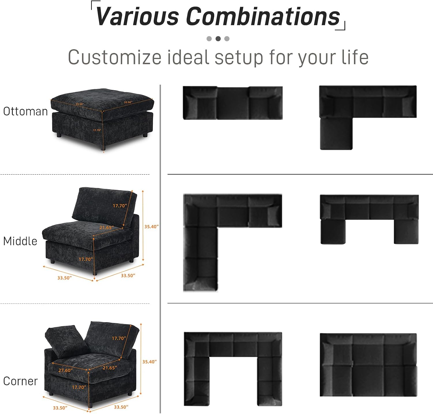 WJShome Cloud Couch Modular Sectional Sofa,67' L Shaped Couch, Convertible Wide Seater, 2 Seater+Ottoman for Living Room Set,Covers Washable&Replaceable,Black