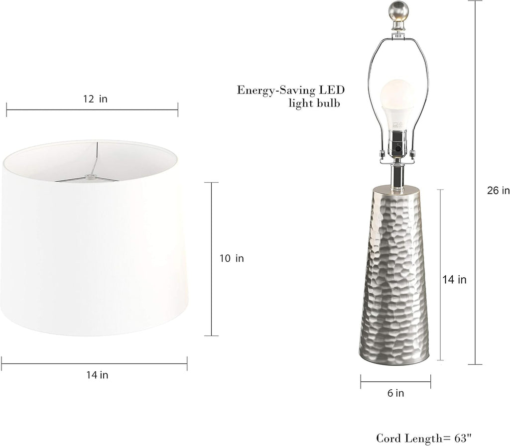 Table Lamps - Set of 2 Hammered Metal Lights with Flared Bases and Drum Shades for End Tables and Nightstands by Lavish Home (Brushed Silver)