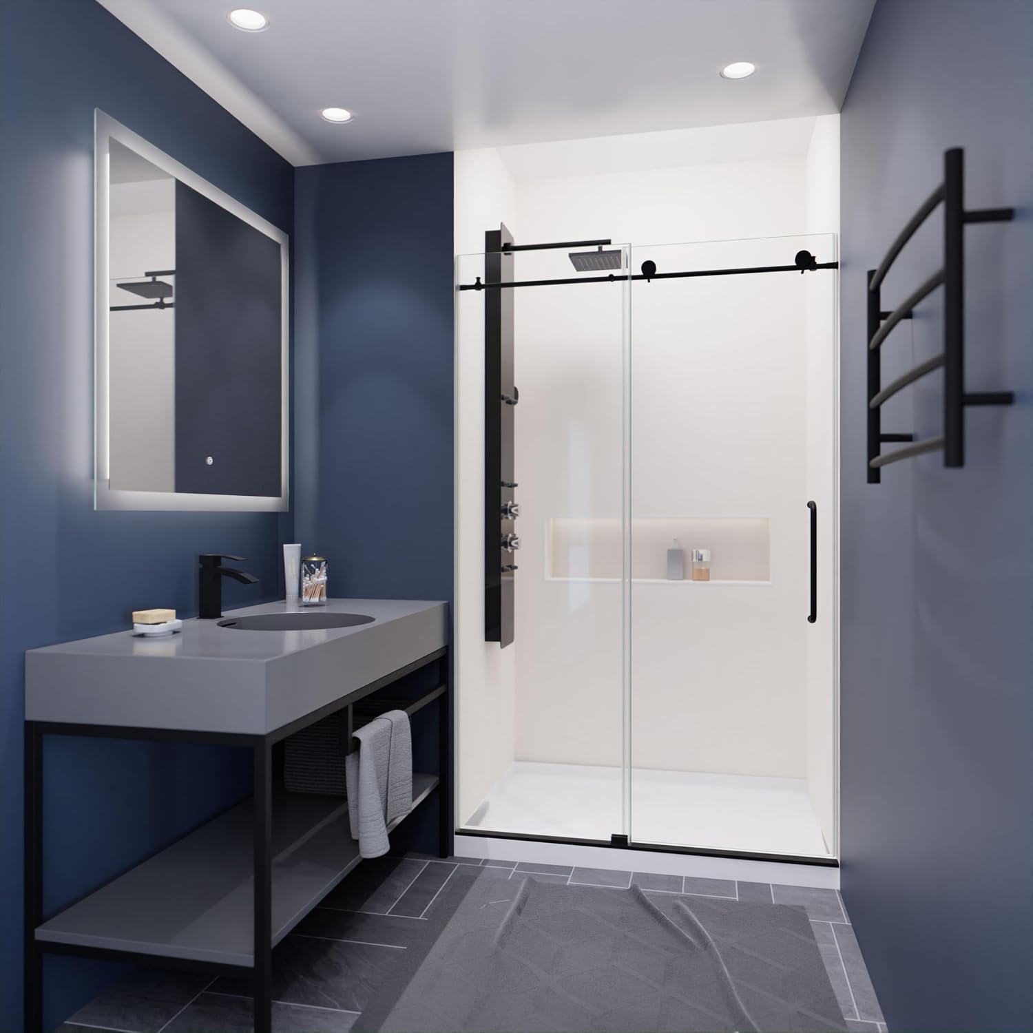 ANZZI 76' x 48' Frameless Shower Door, Matte Black, Madam Complete Shower Kit, Water Repellent Sliding Glass Panel + Bottom Seal Strip Parts + Easy Glide Rollers (SD-AZ13-01MB)