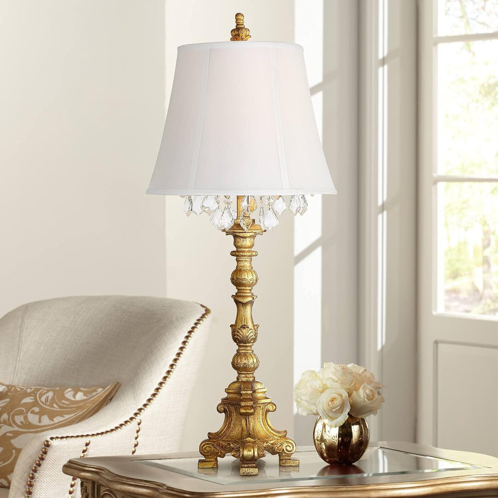 Barnes and Ivy Duval Traditional French Style Table Lamp 34' Tall Bright Gold Candlestick Crystal White Fabric Bell Shade for Living Room Bedroom House Bedside Nightstand Home Office Entryway