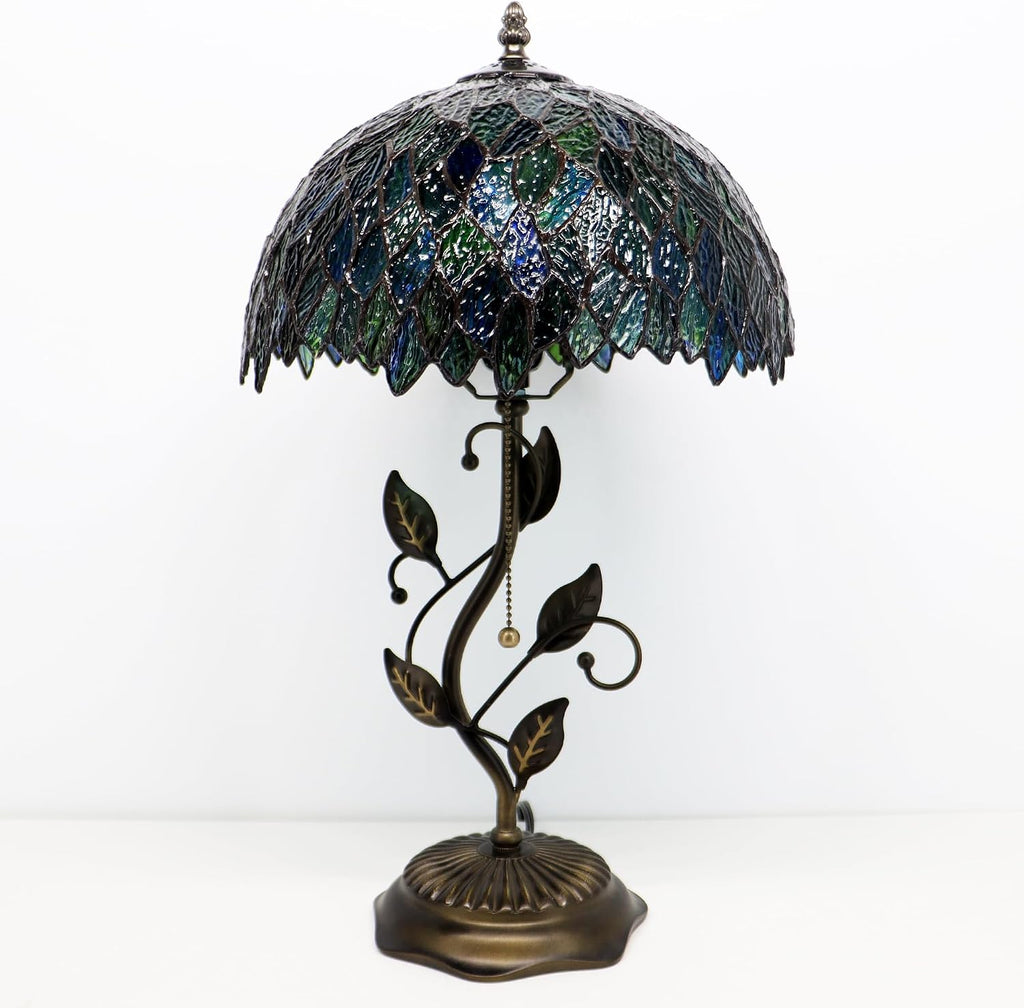 Tiffany Lamp Multicolor Leafage Style Stained Glass Table Lamp Desk Bedside Reading Light 12X12X19 Inches with Metal Leaf Base