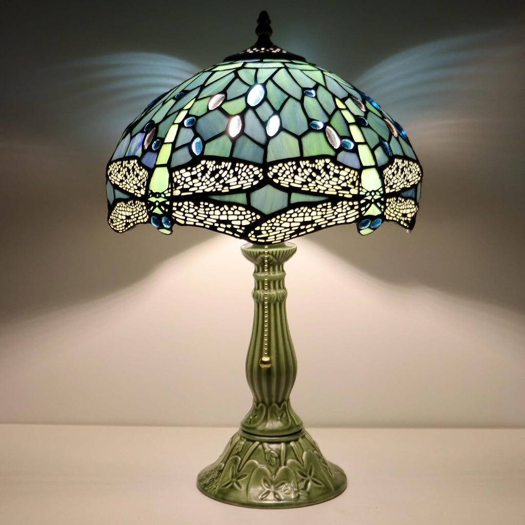 Tiffany Lamp Stained Glass Table Lamps Sea Blue Dragonfly Style Desk Lamp 12X12X18.5 Inch Bronze Ceramic Base Reading Light Suitable for Bedside Bedroom Living Room Dining Room Office