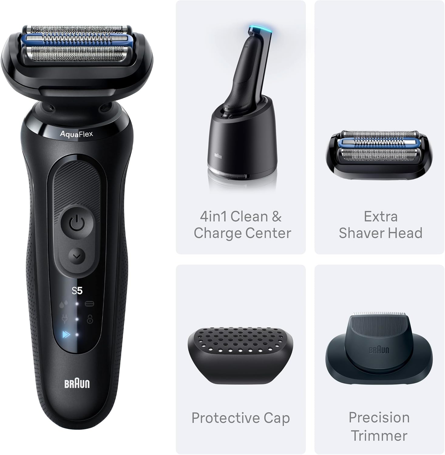 Braun Series 5 Electric Shaver for Men, Wet & Dry Foil Razor, 4-in-1 Clean & Charge Center, Precision Trimmer Attachment, Replacement Shaver Head, Black 5165ps