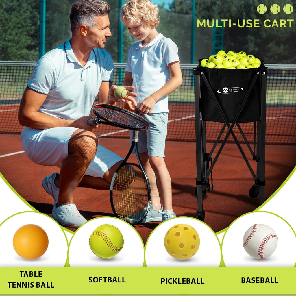 MORVAT Professional Tennis & Pickle Ball Hopper Holds 165 Balls Heavy-Duty Pro Sports Practice Cart, Foldable Portable Compact & Lightweight Zippered Pocket & Racket Holder, Carry Bag + 3 Tennis Balls