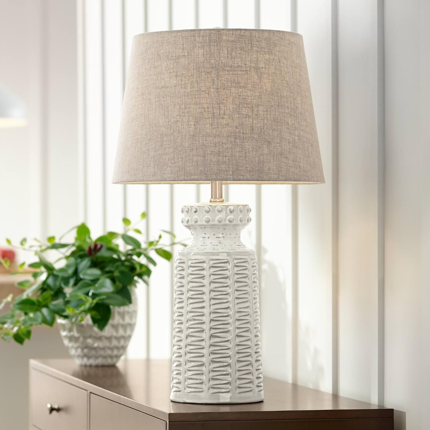 360 Lighting Helene Country Cottage Table Lamp Ceramic Rustic 26' High Cream White Glaze Tan Linen Tapered Drum Shade Decor for Living Room Bedroom House Bedside Home (Color May Vary)