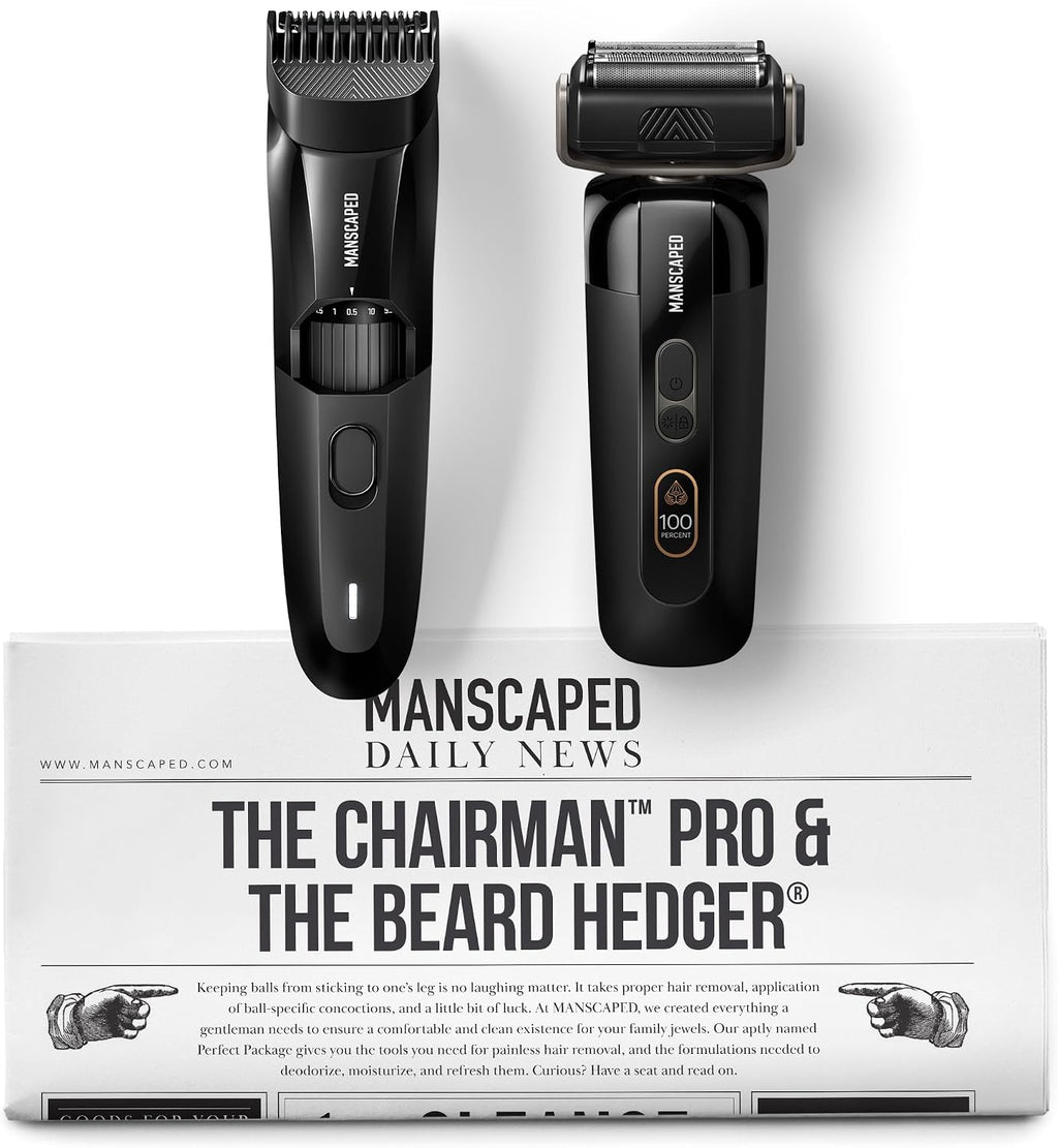 MANSCAPED® The Chairman™ PRO Men's Electric Foil Face Shaver & The Beard Hedger® Men's Beard Trimmer, 20 Length Adjustable Blade Wheel, Stainless Steel T-Blade for Precision Facial Hair Trimming
