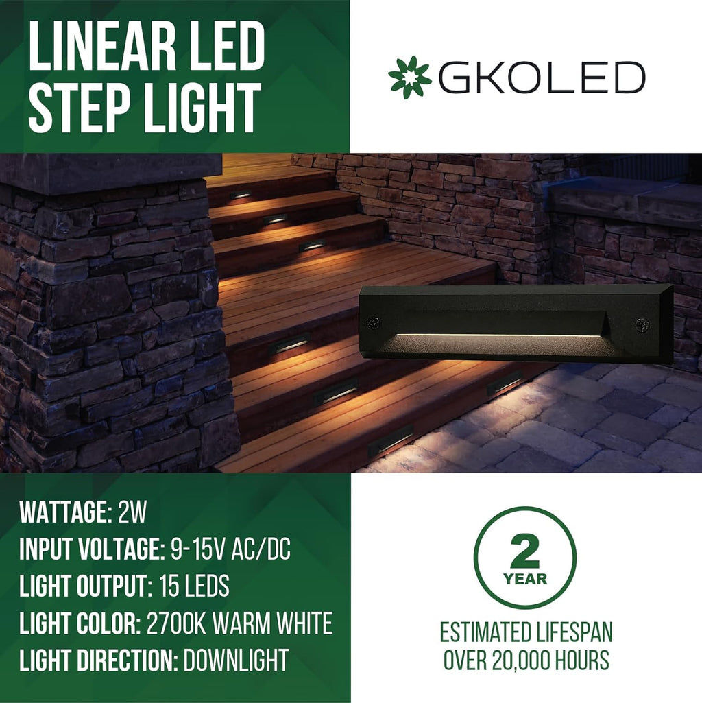 GKOLED 12 Pack Low Voltage 9-15V AC/DC LED Linear Step Lights, 2W Landscape Cutoff Stair Riser Light, Outdoor Waterproof Accent Lighting Fixtures, Die-cast Aluminum, Black Powder Coated Finish