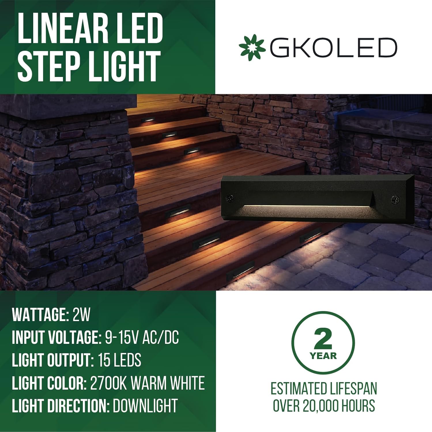 GKOLED 12 Pack Low Voltage 9-15V AC/DC LED Linear Step Lights, 2W Landscape Cutoff Stair Riser Light, Outdoor Waterproof Accent Lighting Fixtures, Die-cast Aluminum, Black Powder Coated Finish