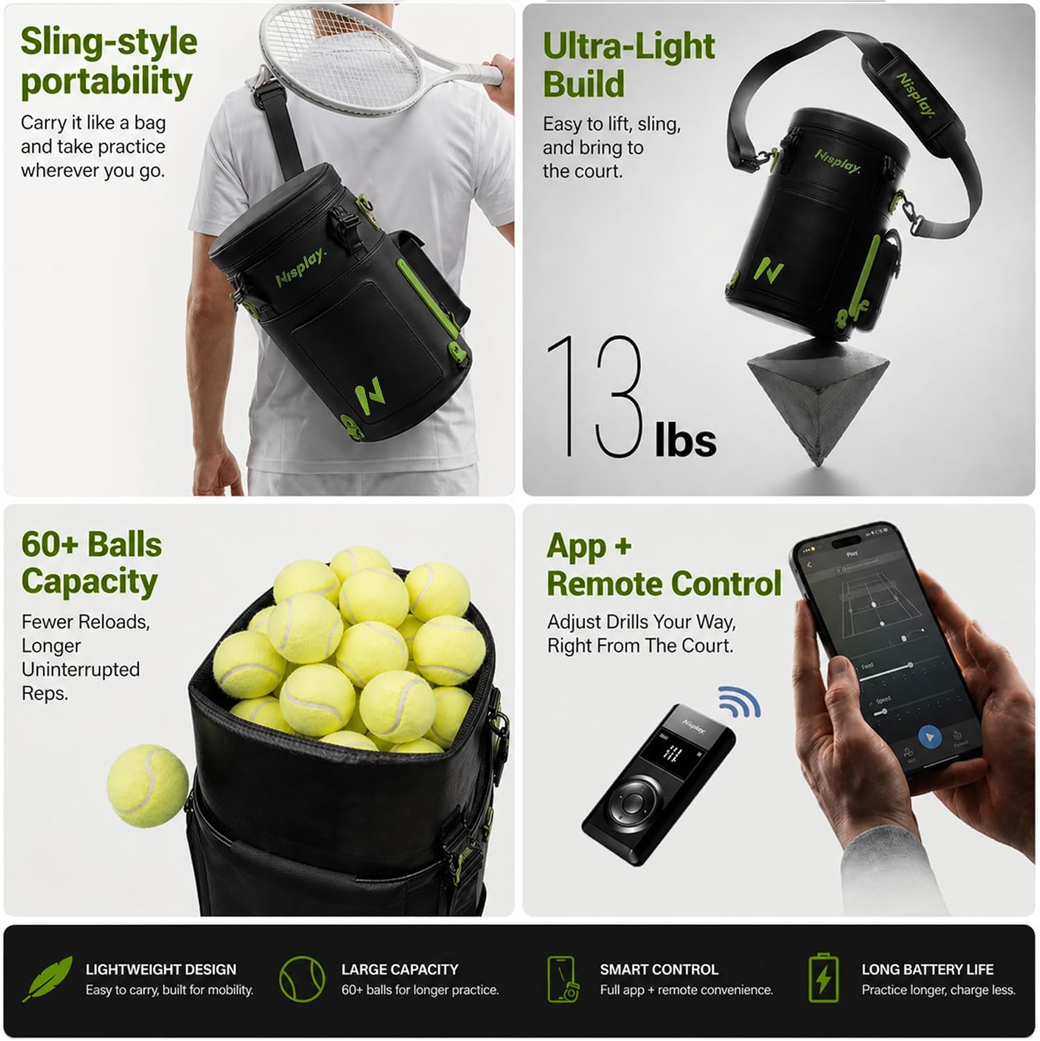 L1 Tennis Ball Machine, Ultra Light 6KG Backpack Design, Dual Control via APP & Remote, up to 50 Balls Capacity, 2–3 Hours Battery Life,Adjustable Speeds & Oscillating