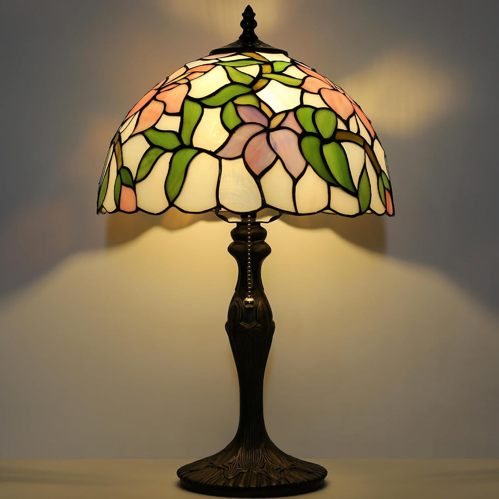 Tiffany Lamp Stained Glass Table Lamp Bedside Reading Lamp 12 x 19' Pink Flower Style Decorative Lamp for Desk Study Living Room Bedroom Office Decor Gift