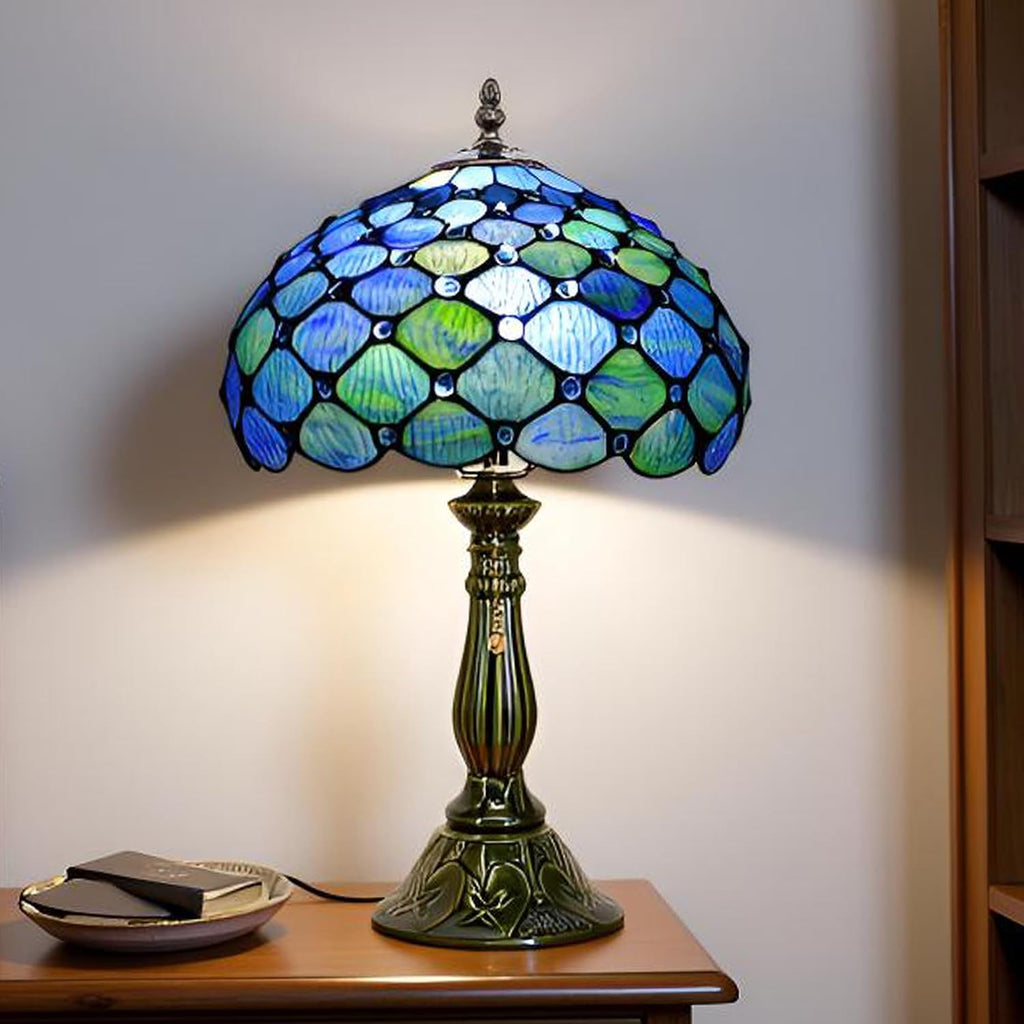Tiffany Lamp Stained Glass Table Lamps Sea Blue Water Ripple Pearl Style Desk Lamp12X12X18.5 Inch Bronze Ceramic Base Reading Light Suitable for Bedside Bedroom Living Room Dining Room Office