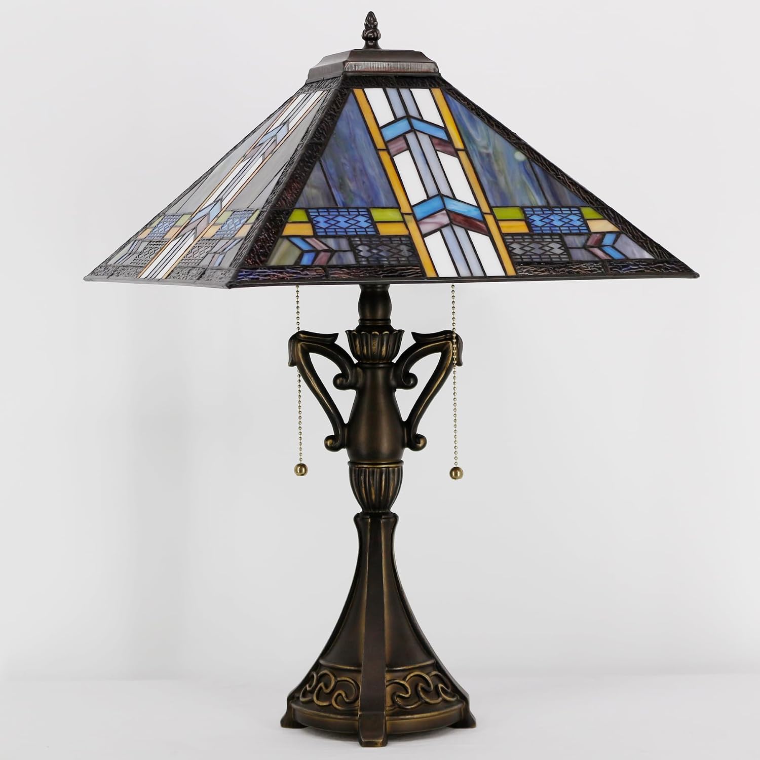 Tiffany Table Lamp Stained Glass Blue Cloudy Mission Style Desk Reading Light 16X16X24 Inch for Bedroom Living Room Home Office
