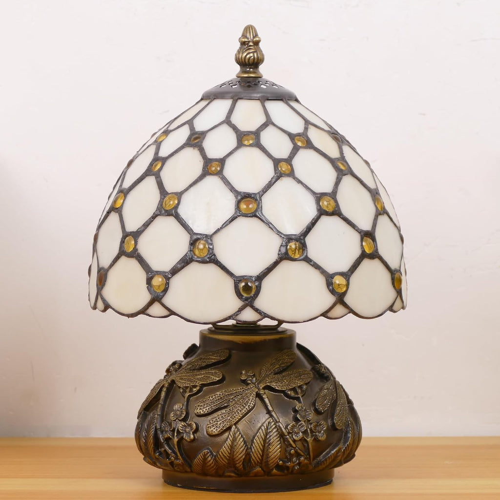 Small Tiffany Lamp Mini Stained Glass Table Lamp Cream Amber Pearl Style Mushroom Memory Sympathy Lamp 8X11 Inch