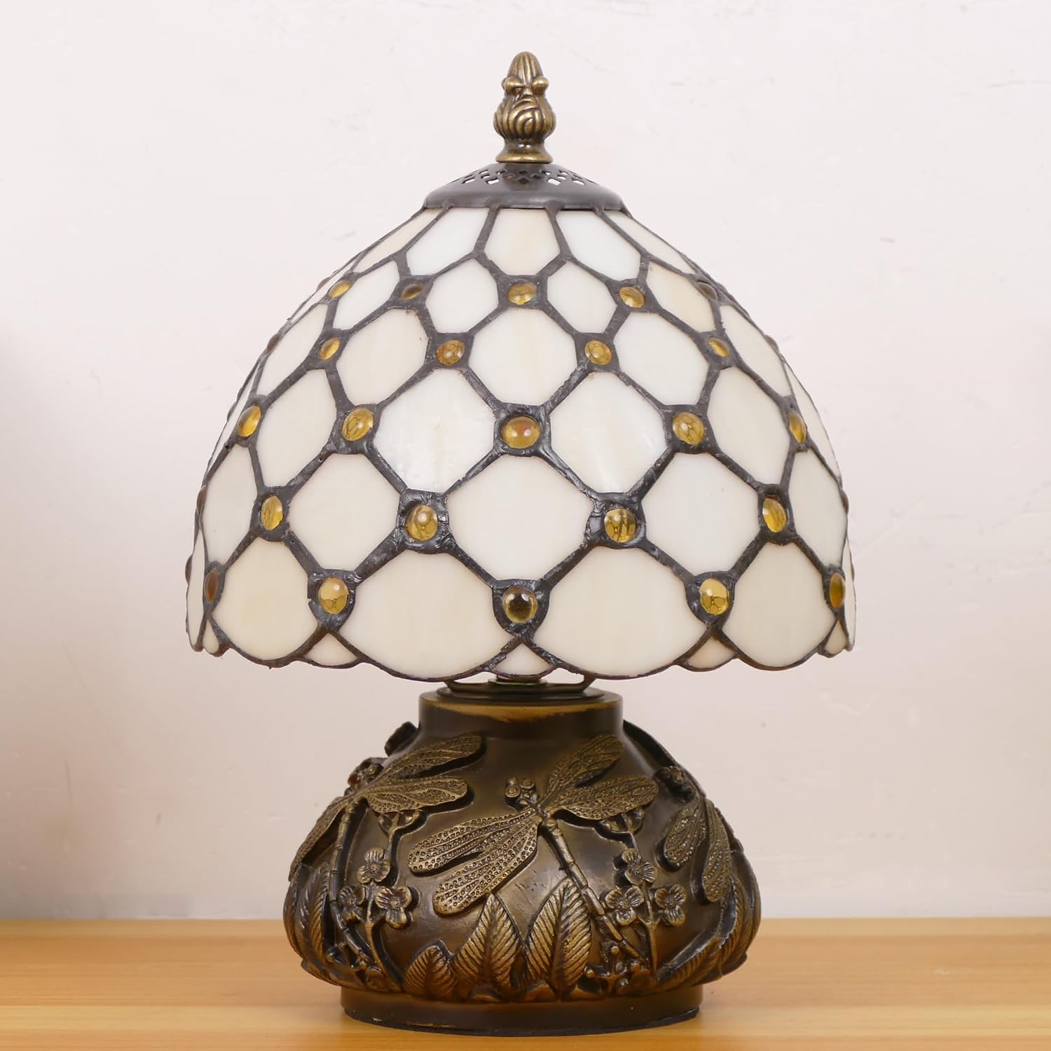 Small Tiffany Lamp Mini Stained Glass Table Lamp Cream Amber Pearl Style Mushroom Memory Sympathy Lamp 8X11 Inch