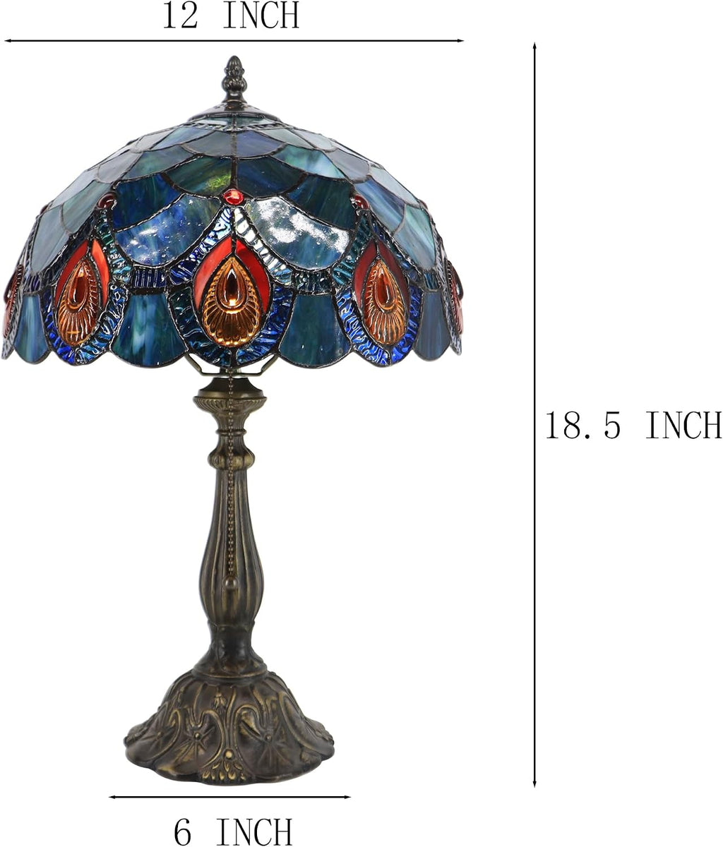 Tiffany Lamps Blue Peacock Tail Style Stained Glass Table Lamp Desk Bedside Reading Light 12X12X18.5 Inches with Bronze Resin Base Applicable to Bedroom Living Room Office