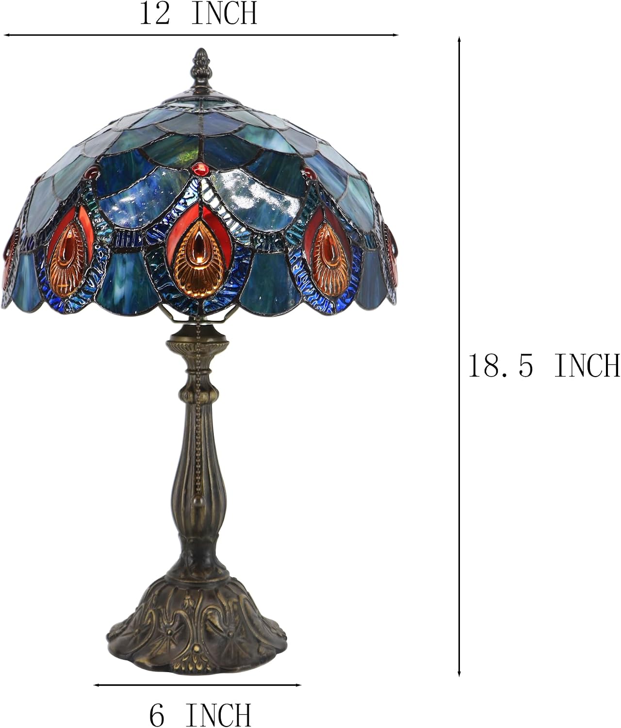Tiffany Lamps Blue Peacock Tail Style Stained Glass Table Lamp Desk Bedside Reading Light 12X12X18.5 Inches with Bronze Resin Base Applicable to Bedroom Living Room Office