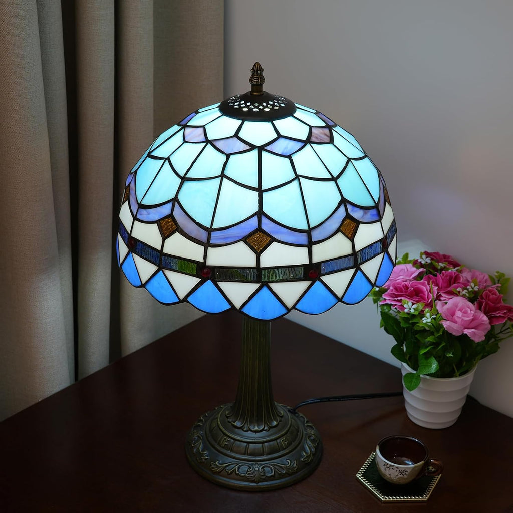 Tiffany Table Lamp Stained Glass Lamp Mediterranean Blue Bedroom Table lamp Reading Desk Light for Bedside Living Room Office Dormitory Dining Room Decorate Housewarming Gift 12X12X18 inches