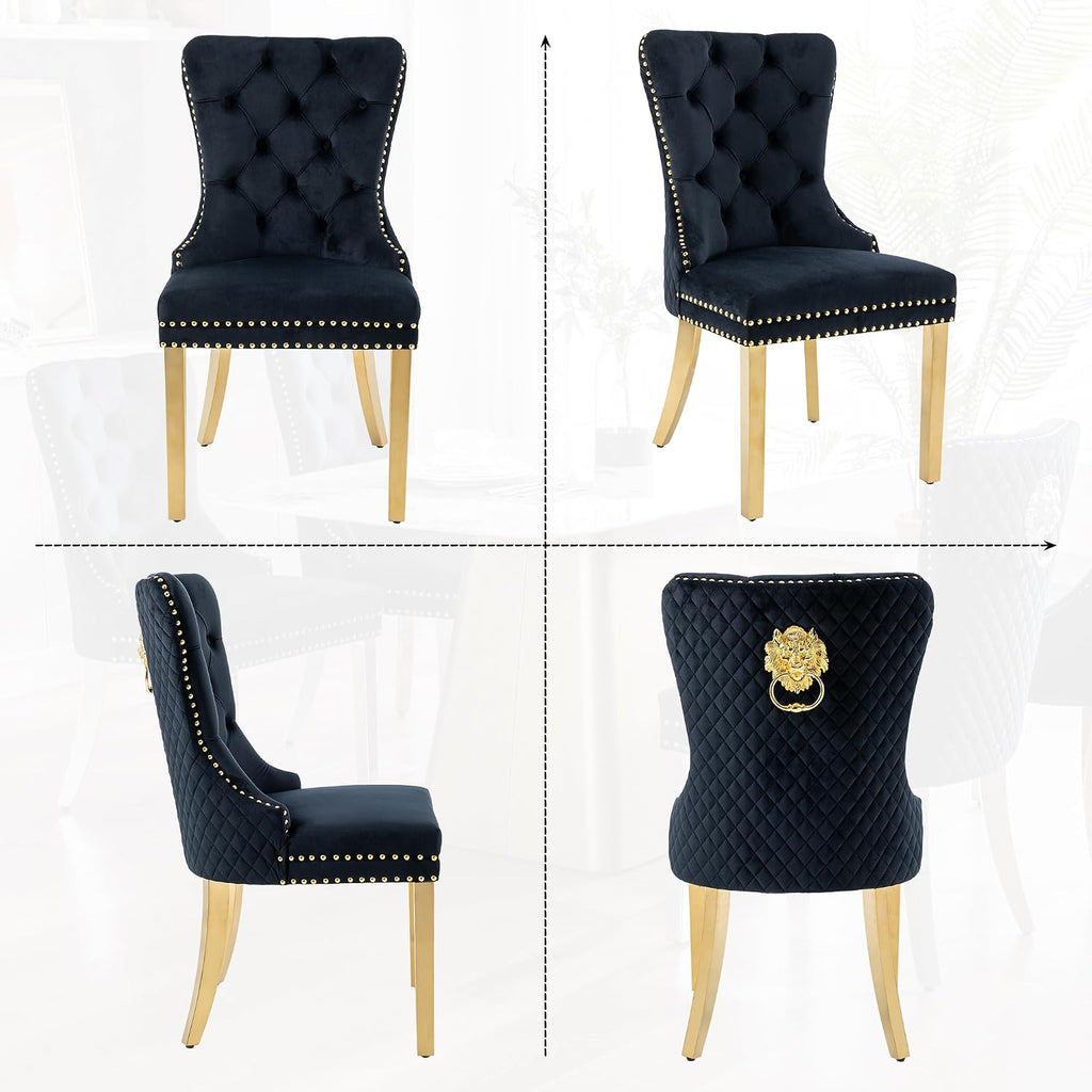 Velvet Dining Chairs Set of 2, Upholstered Dining Room Chairs, Mid-Century Modern Chairs with Diamond Lattice Tufted Back, Lion Pull Ring Rivet Trim, Golden Metal Legs for Kitchen, Black