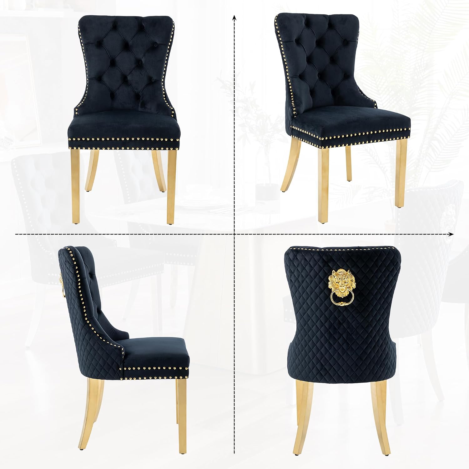 Velvet Dining Chairs Set of 2, Upholstered Dining Room Chairs, Mid-Century Modern Chairs with Diamond Lattice Tufted Back, Lion Pull Ring Rivet Trim, Golden Metal Legs for Kitchen, Black