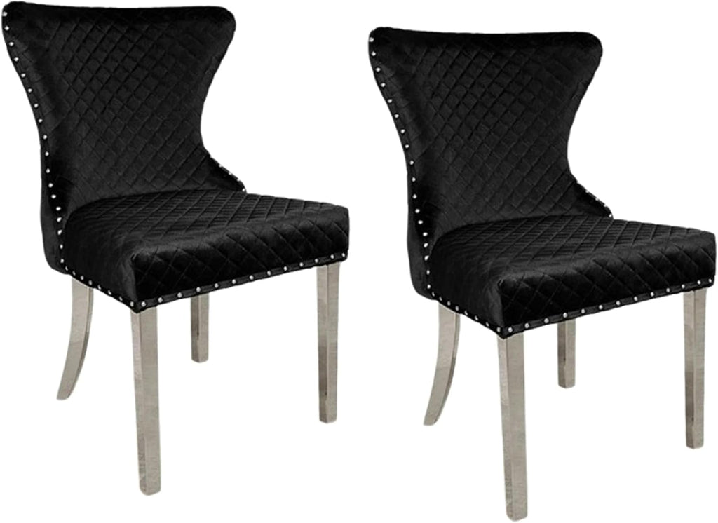 Anova Side Dining Chair Set of 2, Rivet Trim, Silver Stainless Steel, Black Fabric
