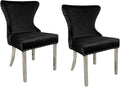 Anova Side Dining Chair Set of 2, Rivet Trim, Silver Stainless Steel, Black Fabric