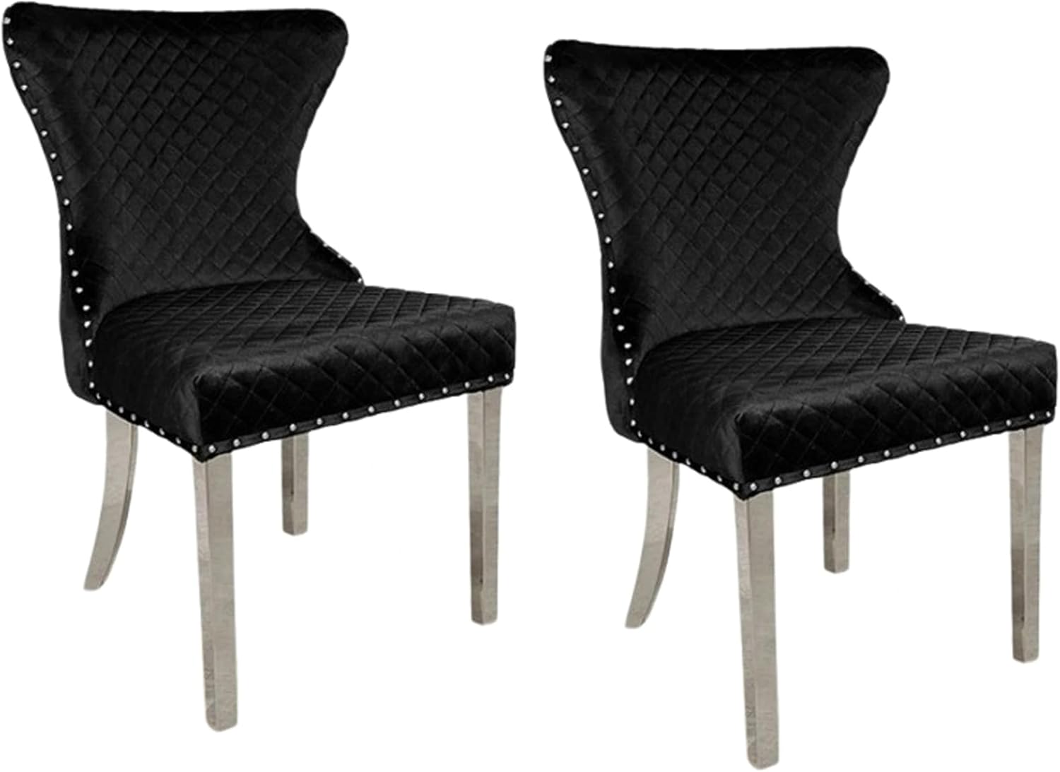 Anova Side Dining Chair Set of 2, Rivet Trim, Silver Stainless Steel, Black Fabric