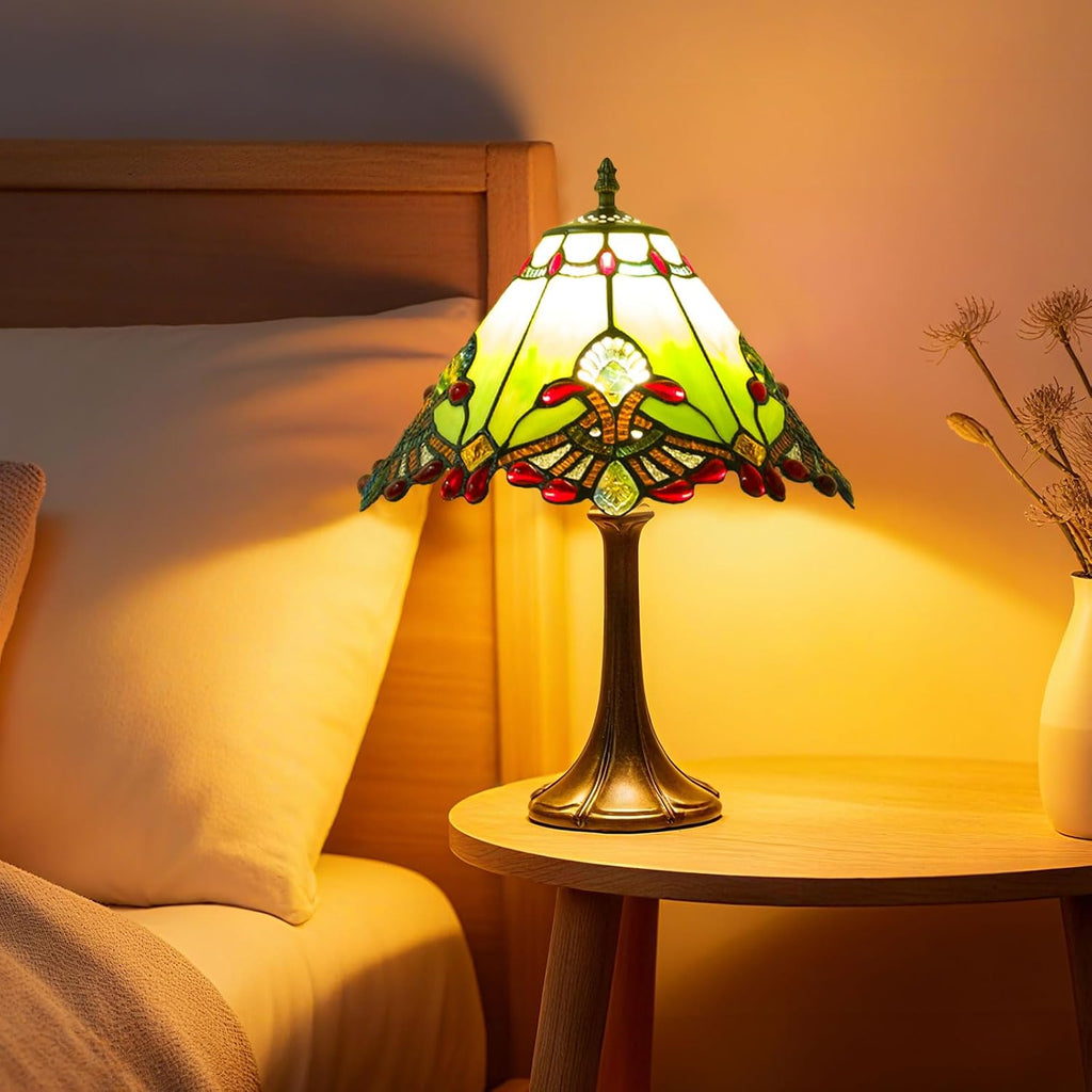 12 Inch Baroque Style Tiffany Table Lamp, Vintage Stained Glass Desk Lamp with Remote Control, 3 Color Temperature & Brightness Level for Office Home Bedroom Living (Green)