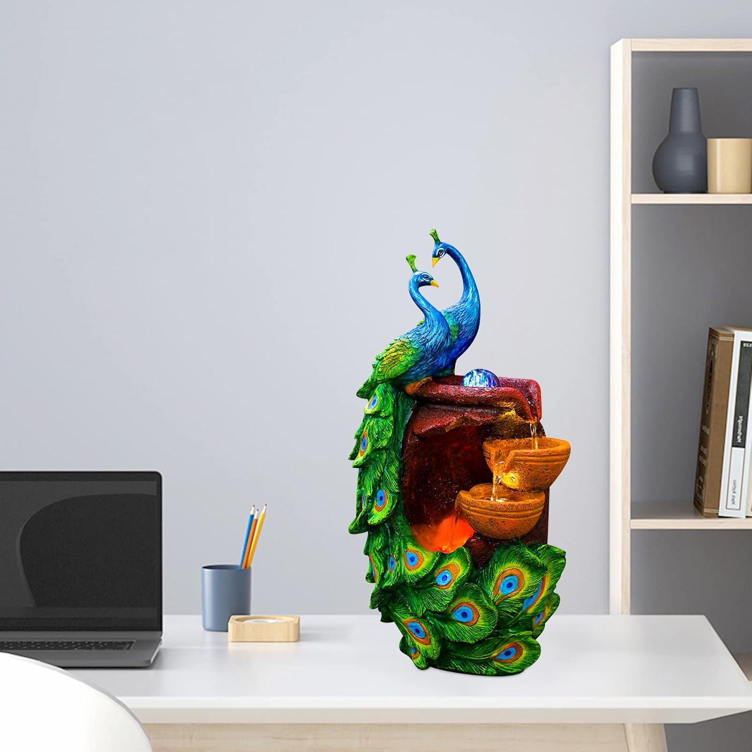 21Inch Art Decorative Animal Statue Bonsai Waterfall Fountain Humidifier with LED Lights, Water Fountains for Living Room, Bedroom, Study, Office, Meditation Room, Yoga Room, Hotel and Library