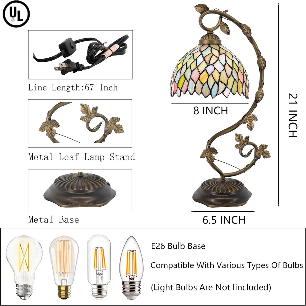 Tiffany Table Lamp, Stained Glass Desk Reading Light,Metal Leaf Table Lamp Base 8X10X21 Inches (Seven Color Wisteria)