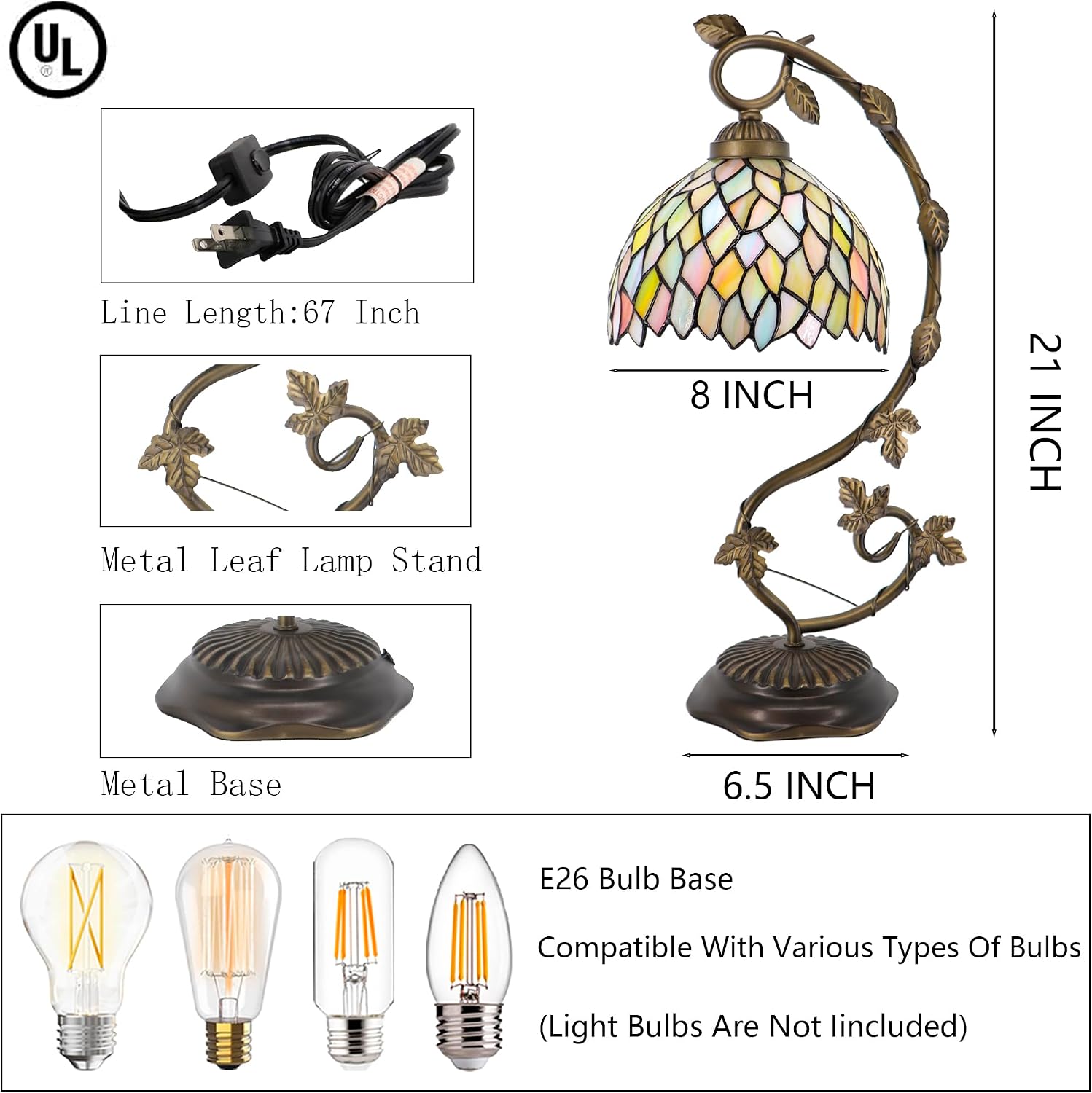 Tiffany Table Lamp, Stained Glass Desk Reading Light,Metal Leaf Table Lamp Base 8X10X21 Inches (Seven Color Wisteria)