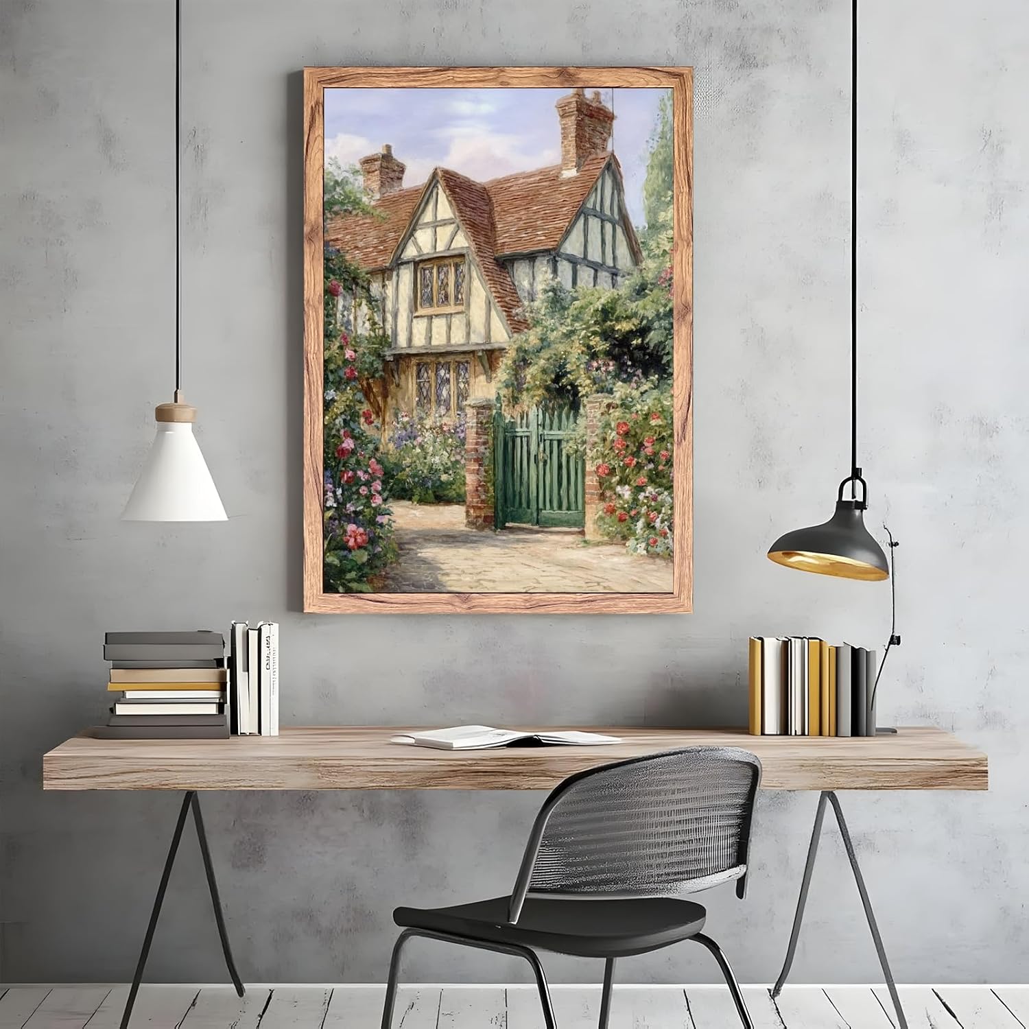 Framed Vintage Cottage House Wall Art Watercolor Flowers Garden Canvas Print European Countryside House Painting Country Home Poster Rustic Nature Picture Decor for Living Room Bedroom 24x36inch